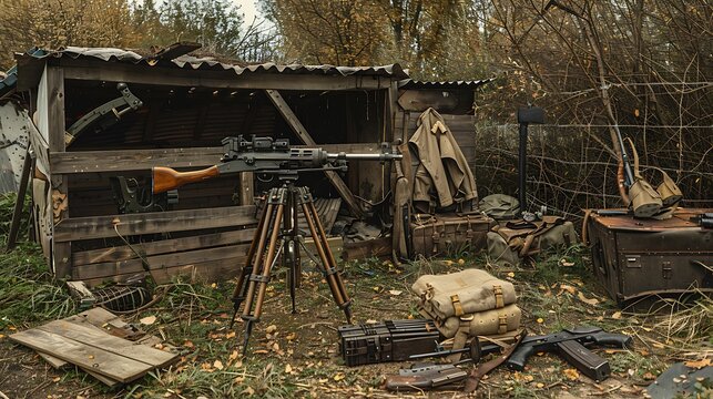 Two dugout with MG42 machine gun mounted on its tripod various other pieces of military equipment can be seen lying about