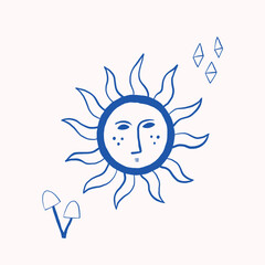 Hand-Drawn Sun with Abstract Elements in Blue