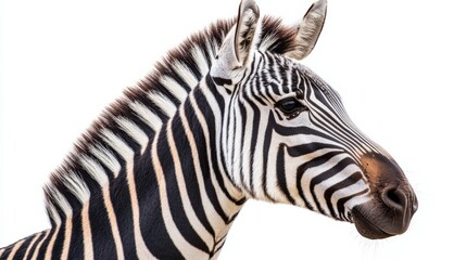 Graceful zebra in profile stance against stark white background (16 words)
