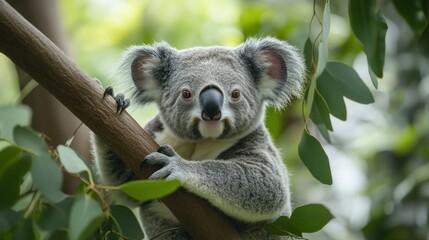 Obraz premium Koala Perched on a Branch with a Curious Gaze