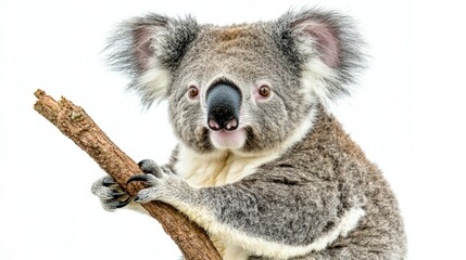 Naklejka premium Fuzzy koala bear clinging to eucalyptus branch in close-up shot on white background