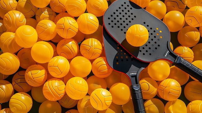 Two pickleball rackets lie on top of a large pile of yellow sports balls
