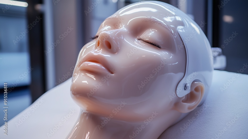 Poster realistic robotic head model resting on a table in a modern laboratory environment during daylight h