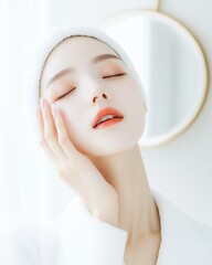 A woman with flawless skin and eyes closed, applying face cream