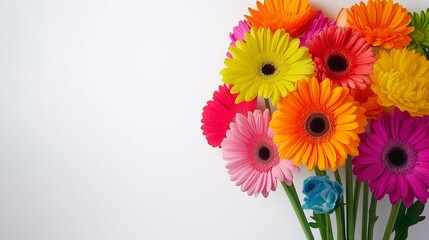 A bouquet of colorful flowers is arranged in a vase. The flowers are of various colors, including pink, blue, yellow, and orange. The arrangement is vibrant and lively, creating a cheerful