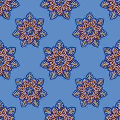 Blue and golden color mandala motif seamless pattern for wrapping, tile, textile, carpet and wallpaper.