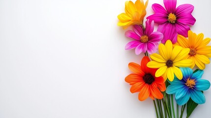 Obraz premium A bouquet of colorful flowers is arranged on a white background. The flowers are of various colors, including yellow, pink, and blue. The arrangement creates a cheerful and vibrant atmosphere