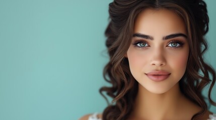 Fototapeta premium A woman with long brown hair and blue eyes is smiling. She is wearing a white dress and has her hair in a bun