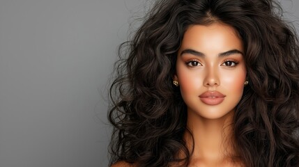 Naklejka premium A woman with long, curly hair is standing in front of a gray background. She has a serious expression on her face and is wearing earrings