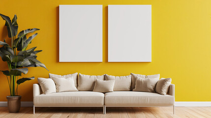 Two white blank paintings mockup on yellow painted wall above sofa in daylight apartment