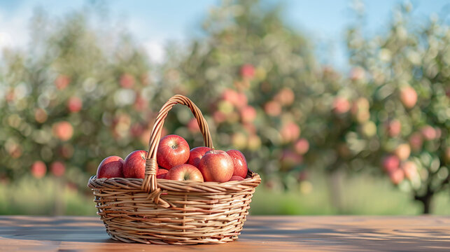 Wicker basket with apples on wooden table against apple orchard