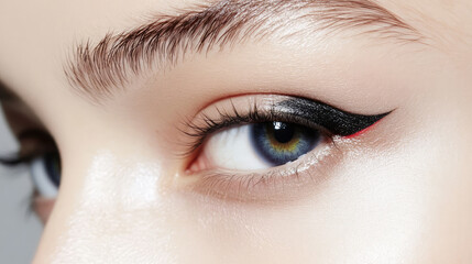 Obraz premium A close-up view of an eye showcasing expert makeup application, featuring sleek black eyeliner and subtle shading, highlighting the eye's captivating detail and elegance.