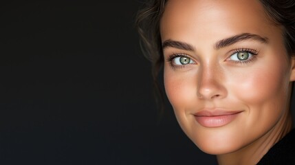 Fototapeta premium A woman with green eyes and a smile on her face. She is wearing makeup and has her hair in a bun