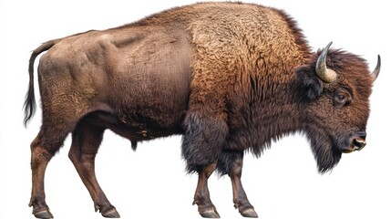 Majestic Bison Grazing in Profile on White Background, Symbol of Power and Freedom