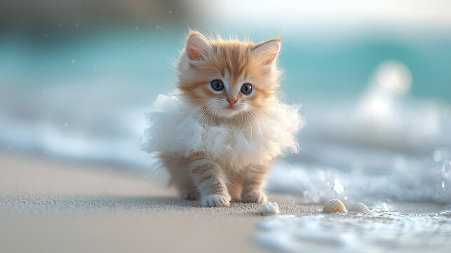 Kitten wearing fluffy dress and playing on the beach. Kitten looks happy and lively. Kitten is enjoying time on the beach. Generative AI illustration 