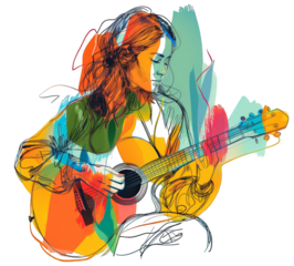 girl playing guitar pop art style on transparent background