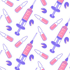 Pattern is a color flat illustration of a syringe with a medicine inside, an ampoule and a cutter. Vector illustration made by hand in pink and blue colors. The texture of medical drug administration