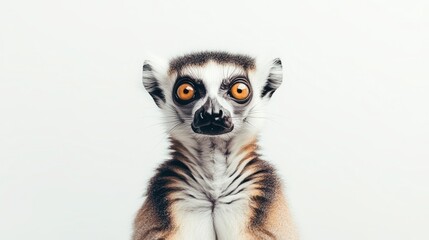 Fototapeta premium Curious Lemur with Wide Eyes Staring on White Background - Wildlife Portrait Photography