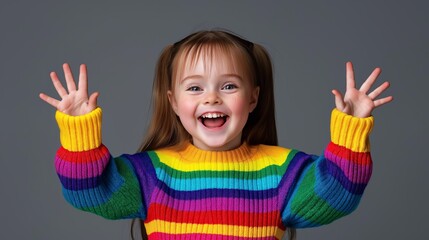 A young girl is wearing a colorful striped sweater and is smiling. She is waving her hands in the air, giving the impression that she is happy and excited