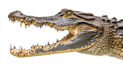 Fototapeta premium Fascinating Side Profile of Crocodile with Jaws Open in Wildlife Habitat Scene