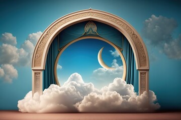 Ornate archway with curtains revealing a crescent moon and clouds.