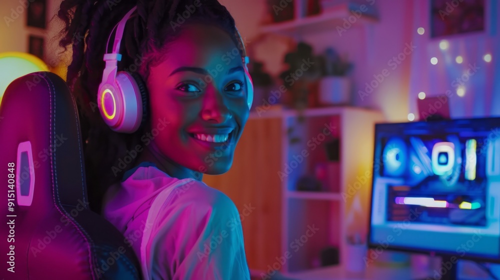 Poster a woman is sitting in front of a computer with a smile on her face