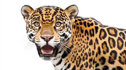 Obraz premium Roaring Jaguar Portrait on White Background: Majestic Animal Photography