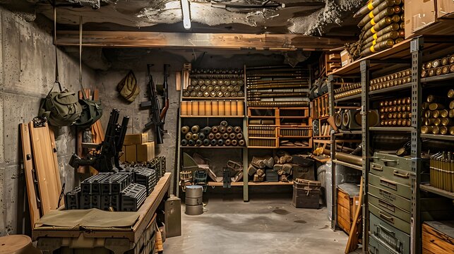 Various type of ammunition and military equipment in basement