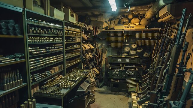 Various type of ammunition and military equipment in basement