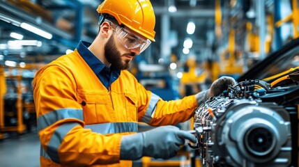 A man in a yellow and orange safety suit is working on a car engine. He is wearing a hard hat and safety goggles