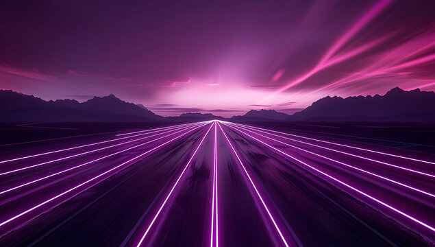 Winding neon digital highway with turn background. Twisting track lines with 3d purple and energy cyberpunk hills and clouds with synth wave energy flows. synth-wave highway design