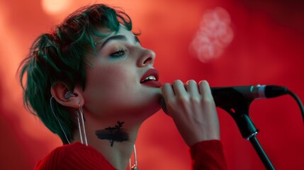 Naklejka premium A woman singing into a microphone with a red background