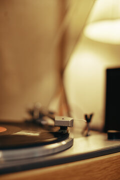 Turntable playing an album in a music studio
