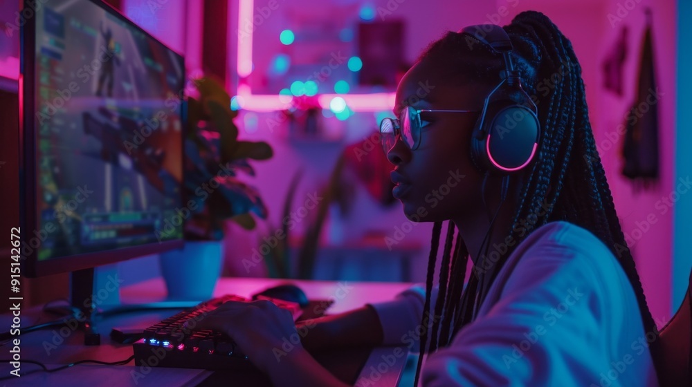 Poster a woman is playing a video game on a computer