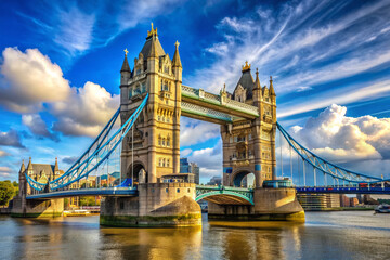 Obraz premium Historic Tower Bridge stretches majestically across the Thames River, linking London's city center with Southwark, its Gothic-inspired towers standing proudly against a bright blue sky.