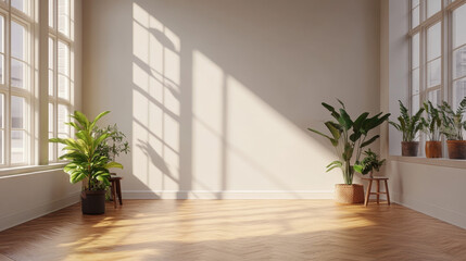  The space is designed for a mockup, featuring natural light pouring in, creating a bright and inviting atmosphere. The furniture includes sustainable materials, blending functionality