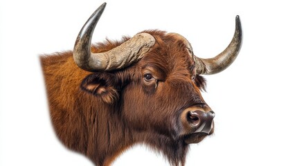 Naklejka premium Majestic Buffalo with Large Horns in Side Profile on White Background