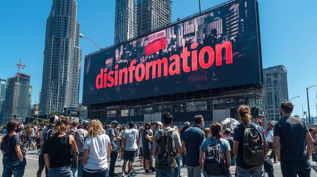 A crowd gathers in an urban area, facing a massive digital billboard displaying the word disinformation in bright red letters