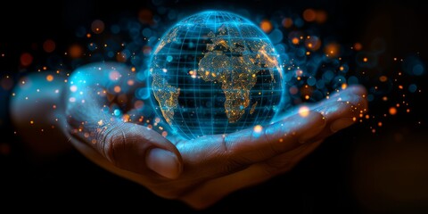 Hands holding a glowing digital globe with golden lights, symbolizing global connectivity and technology