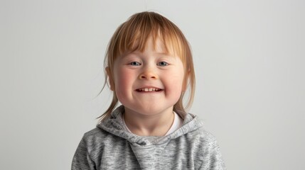 Portrait of smiling child girl with down syndrome on white background.