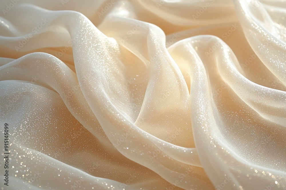 Aufkleber A delicate cream fabric with a shimmering texture is beautifully arranged, catching the warm rays of sunlight in a softly lit environment