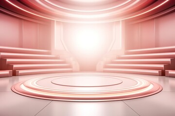 Pink futuristic podium with glowing lights and steps, perfect for product display.