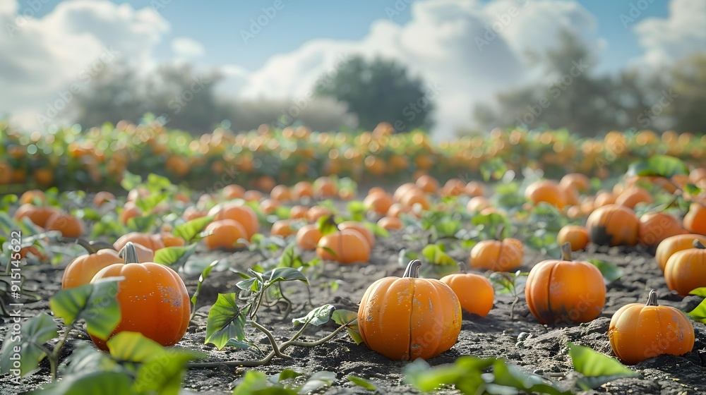 Wall mural A pumpkin field with bright orange pumpkins scattered