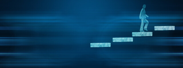 Digital composite of Business man climbing stairs over blue background with transition effect