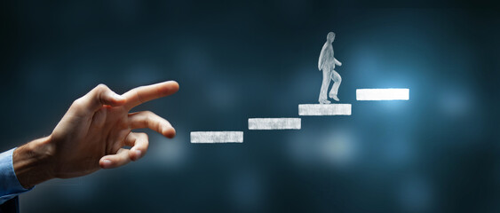Businessman climbing stairs to success. Career growth and progress concept.