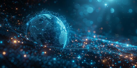 Abstract digital globe with interconnected glowing networks, surrounded by dynamic particles representing global technology and data flow