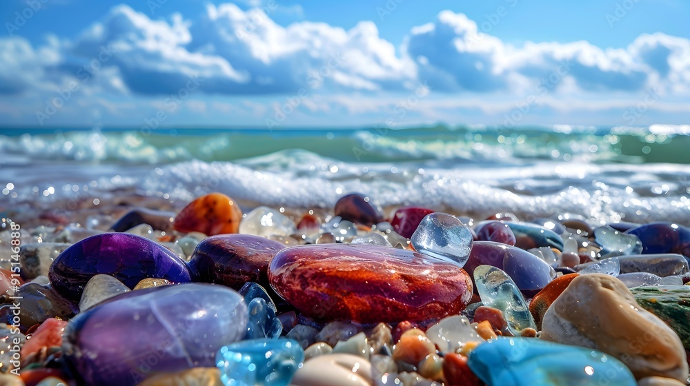 Wall mural Tide transparent colored stones lie on the shore