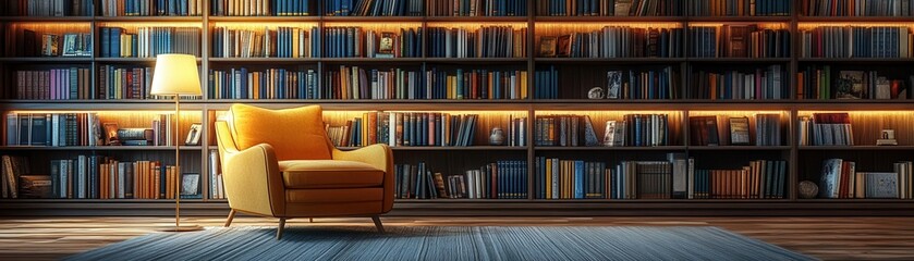 Stylish home library with bookshelves, a comfortable chair, and a reading lamp