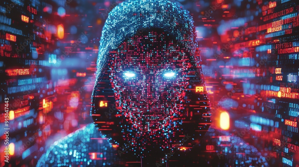 Poster a hooded figure with luminous eyes stands amidst a cascade of colorful data, suggesting a connection