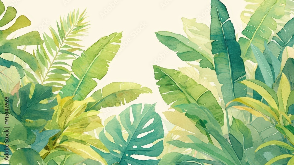 Poster lush tropical plants display an array of greens, creating a peaceful and inviting atmosphere in a vi